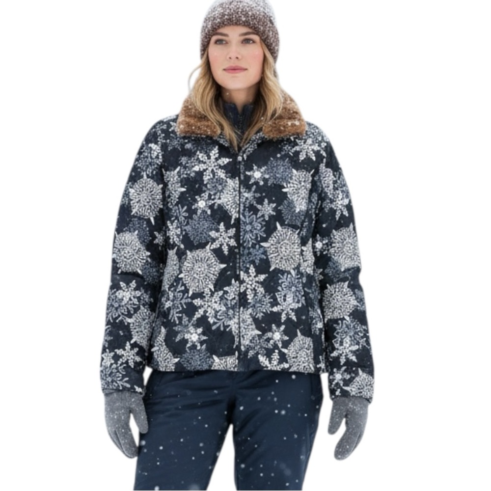 Eddie Bauer Goose Down Snowflake Print‎ Faux Fur Collar Winter Jacket Navy Small
